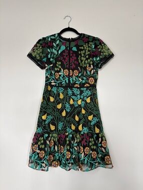 Tahari ASL Embroidered Short Sleeve Cocktail Dress Size 2 Petite Floral Mesh
